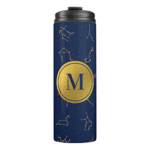 Gold & Navy Blue Zodiac Constellations Monogram Thermal Tumbler