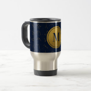 Gold & Navy Blue Zodiac Constellations Monogram Travel Mug