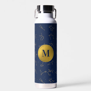 Gold & Navy Blue Zodiac Constellations Monogram Water Bottle