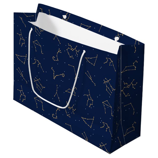 Gold & Navy Blue Zodiac Constellations Pattern Large Gift Bag (Front Angled)
