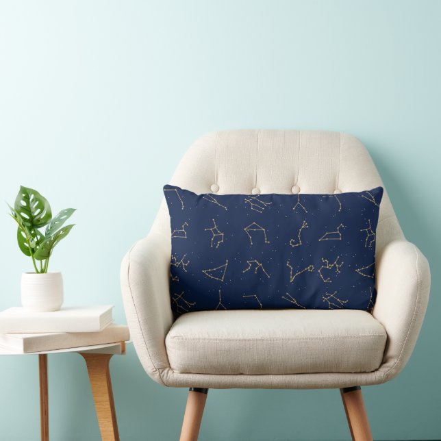 Gold & Navy Blue Zodiac Constellations Pattern Lumbar Cushion (Chair)