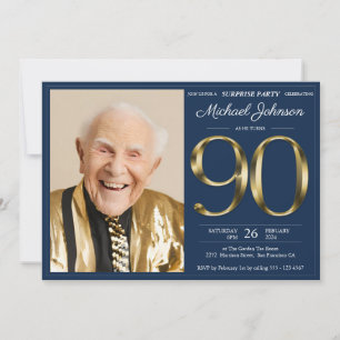 Gold Navy BlueSurprise 90th Birthday  Invitation