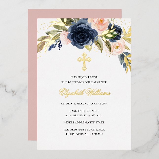 Gold Navy Blush Floral Girl Baptism (Front/Back)