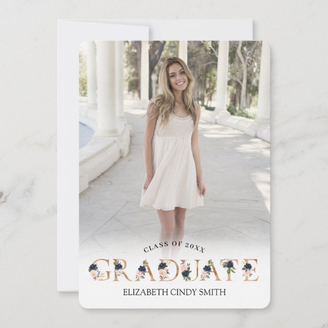 Gold Navy Blush Floral Letter Graduation Photo Invitation (Front)