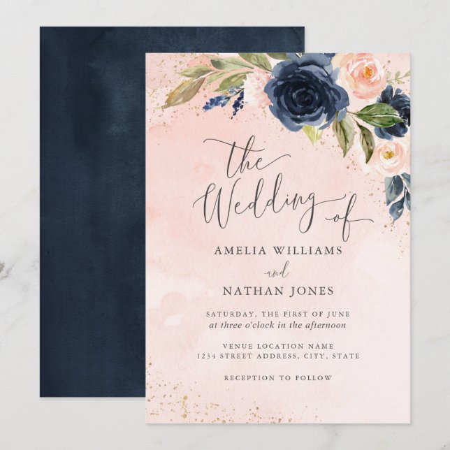 Gold Navy Blush Sparkle Floral Watercolor Wedding Invitation (Front/Back)