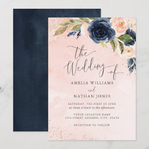 Gold Navy Blush Sparkle Floral Watercolor Wedding Invitation