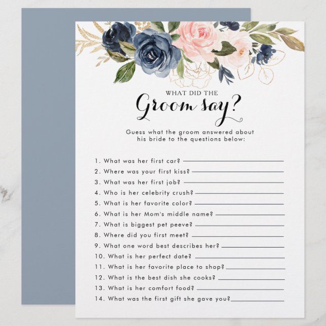 Gold Navy Bridal Shower What did the Groom Say (Front/Back)