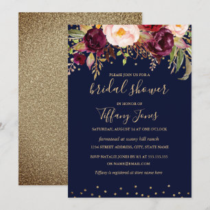 Gold Navy Burgundy Confetti Floral Bridal Shower Invitation