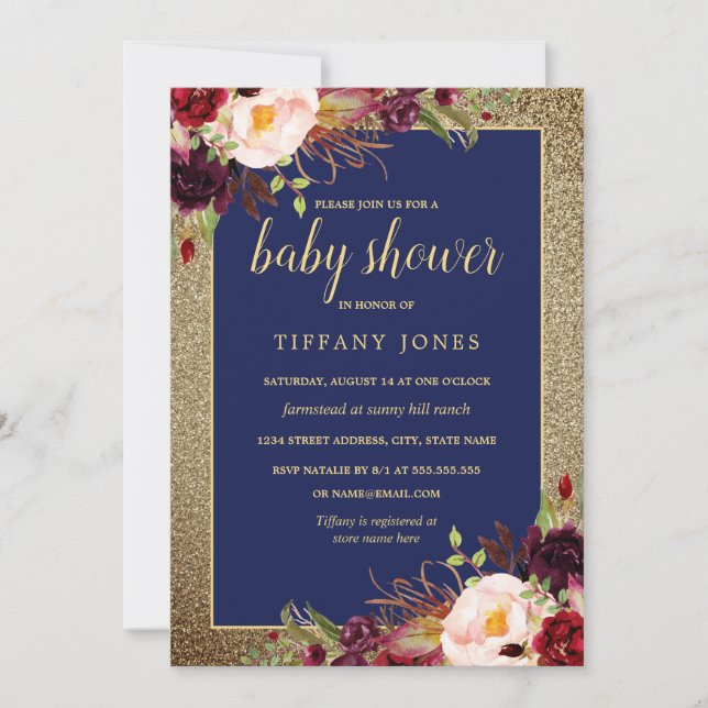 Gold Navy Burgundy Floral Baby Shower Invite (Front)