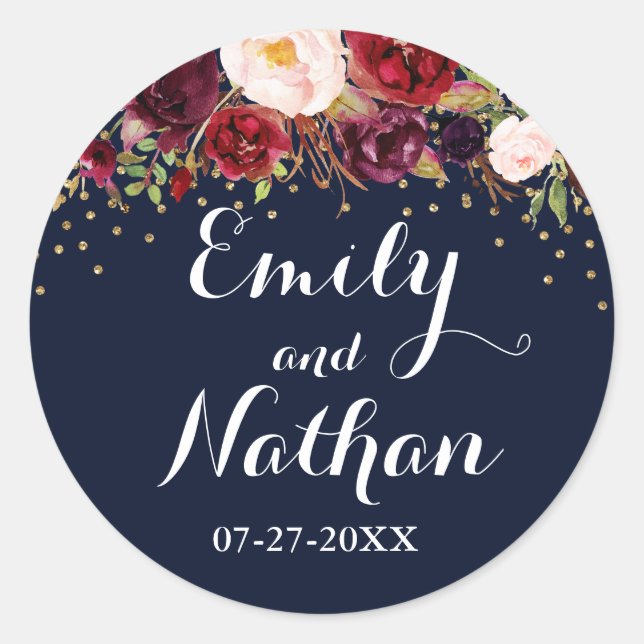Gold Navy Burgundy Floral Fall Wedding Sticker (Front)