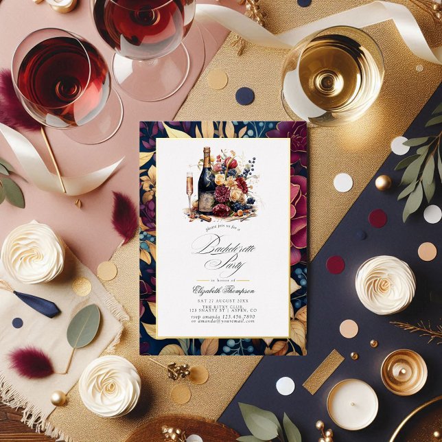 Gold, Navy & Burgundy Wine Tasting Bachelorette (Gold, Navy and Burgundy Wine Tasting Bachelorette Foil Invitation)