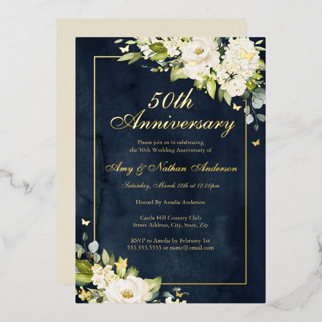 Gold Navy Butterfly 50th Wedding Anniversary  (Front/Back)