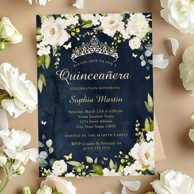 Gold Navy Butterfly Champagne Floral Quinceanera   (Creator Uploaded)