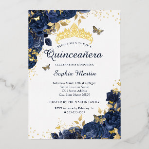 Gold Navy Butterfly Flower Elegant Quinceanera
