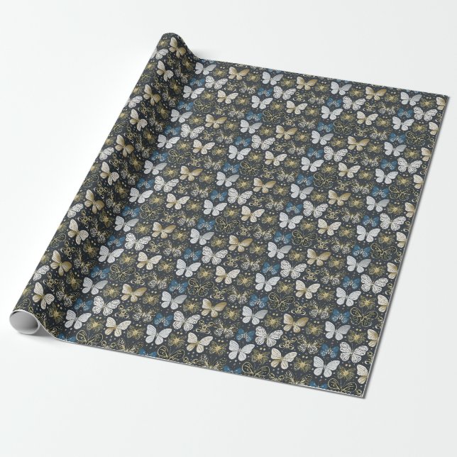 Gold Navy Butterfly Wrapping Paper (Unrolled)