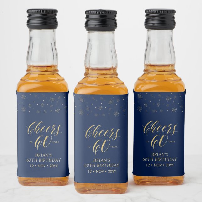 Gold & Navy Cheers 60 years, 60th Birthday Party Liquor Bottle Label (Bottles)