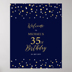 Gold & Navy Confetti 35th Birthday Party Welcome Poster