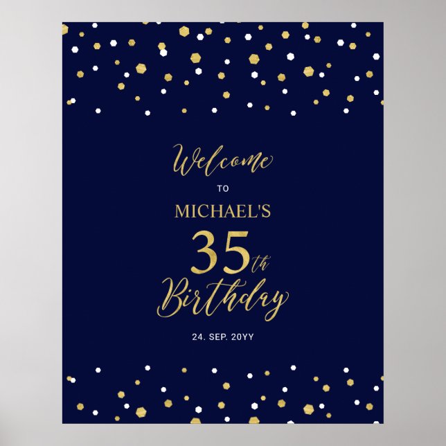 Gold & Navy Confetti 35th Birthday Party Welcome Poster (Front)