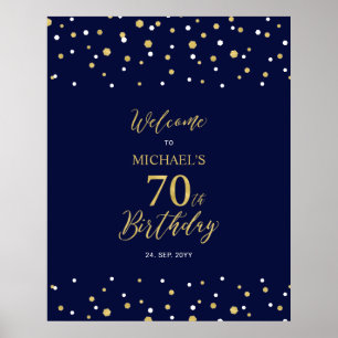 Gold & Navy Confetti 70th Birthday Party Welcome Poster