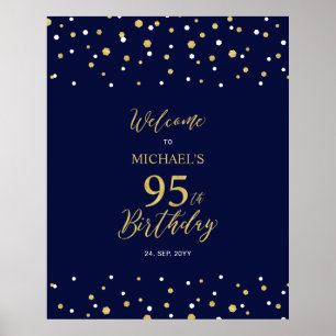 Gold & Navy Confetti 95th Birthday Party Welcome Poster