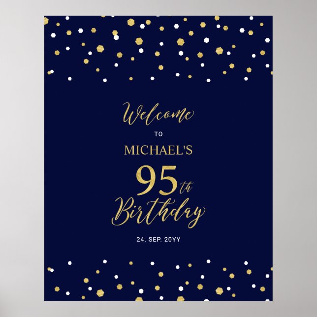 Gold & Navy Confetti 95th Birthday Party Welcome Poster (Front)