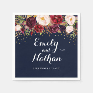 Gold Navy Confetti Burgundy Floral Wedding Napkin
