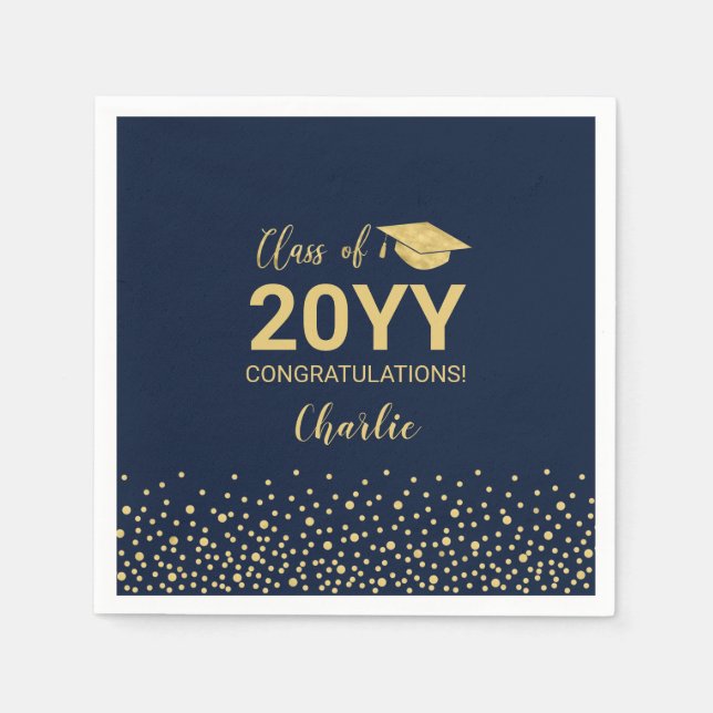 Gold, Navy Confetti Class of Year Graduation Party Napkin (Front)