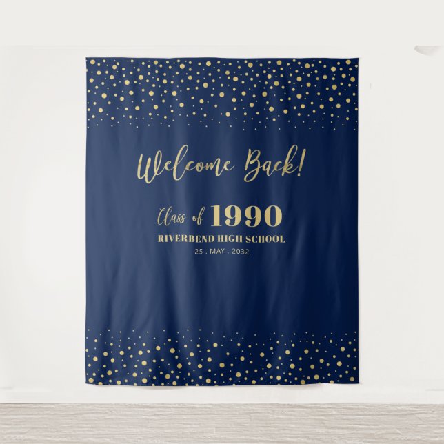 Gold & Navy Confetti Class Reunion Party Backdrop Tapestry (Front)
