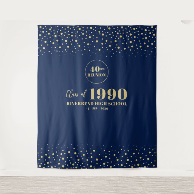 Gold & Navy Confetti Class Reunion Party Backdrop Tapestry (Front)