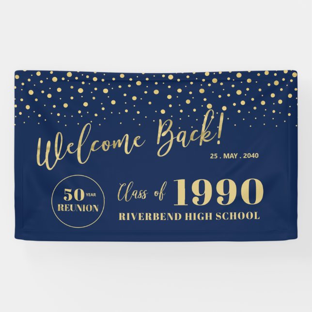 Gold & Navy Confetti Class Reunion Party Welcome Banner (Horizontal)