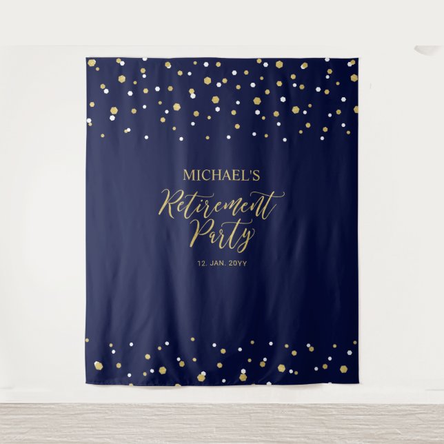 Gold & Navy Confetti Retirement Party Backdrop Tapestry (Front)