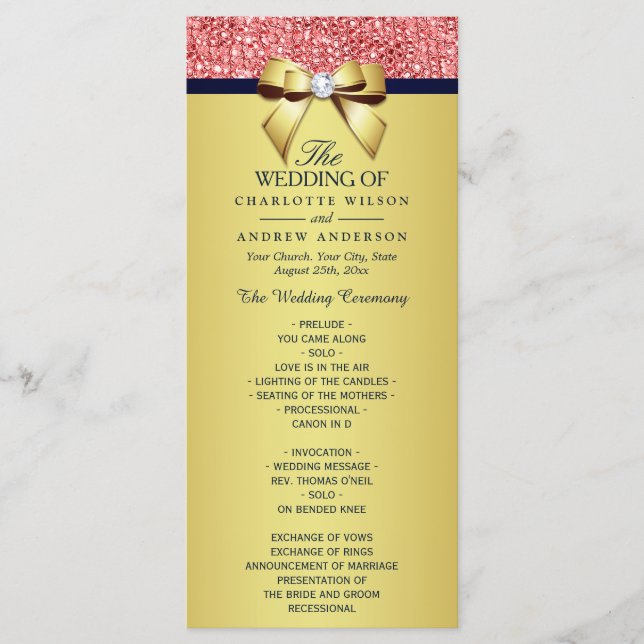 Gold Navy Coral Sequins Bow Wedding Program Programme (Front)