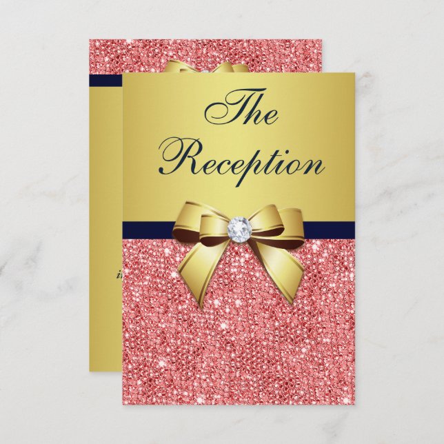 Gold Navy Coral Sequins Bow Wedding Reception Invitation (Front/Back)