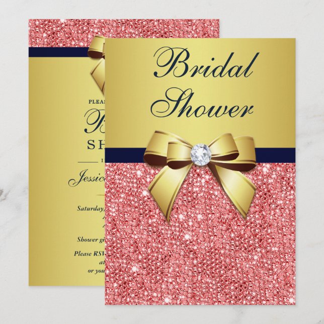 Gold Navy Coral Sequins Diamonds Bow Bridal Shower Invitation (Front/Back)
