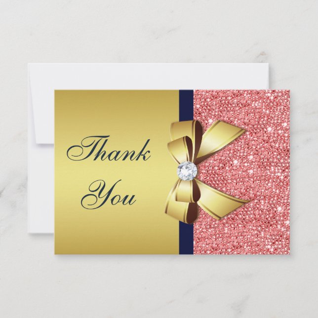 Gold Navy Coral Sequins Diamonds Bow Thank You (Front)