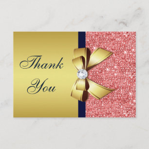 Gold Navy Coral Sequins Diamonds Bow Thank You Card