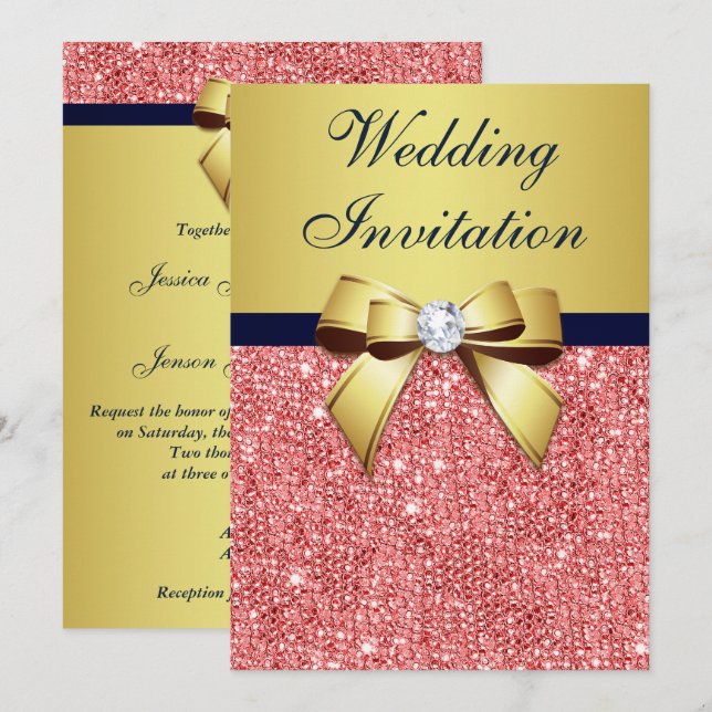 Gold Navy Coral Sequins Diamonds Bow Wedding Invitation (Front/Back)
