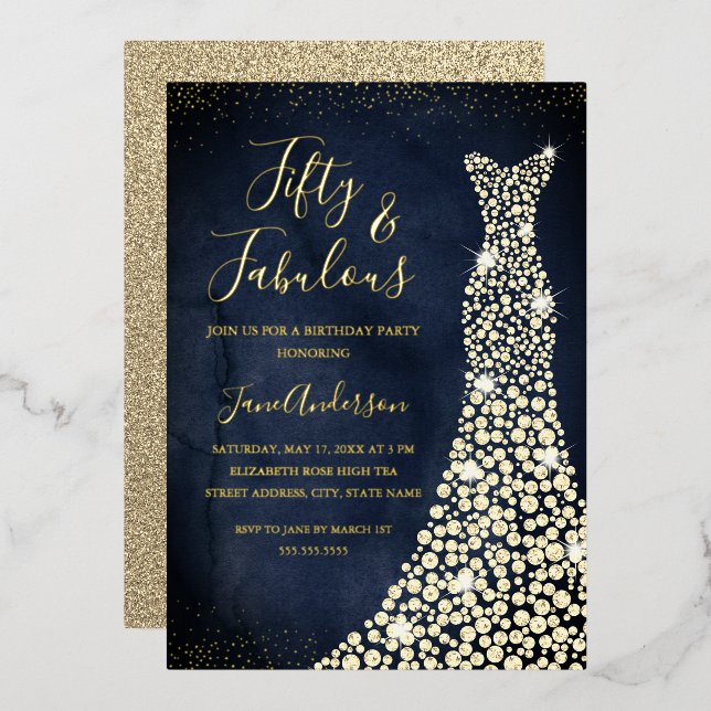 Gold Navy Dress 50 & Fabulous Birthday Foil Invita (Front/Back)