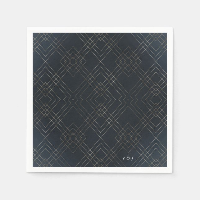 Gold Navy Elegance Diamond Geo Deco Wedding Napkin (Front)