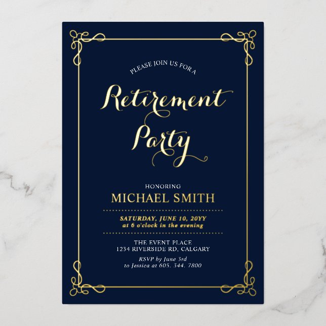 Gold & Navy | Elegant Classy Retirement Party (Front)