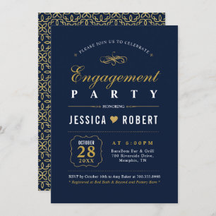 Gold & Navy Elegant Engagement Party Invitation