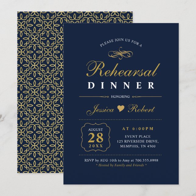 Gold & Navy | Elegant Rehearsal Dinner Invitation (Front/Back)
