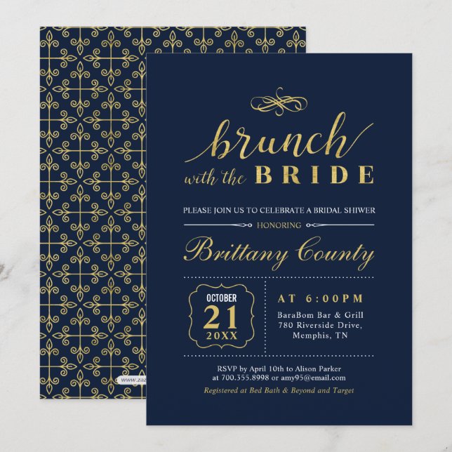 Gold & Navy | Elegant Wedding Bridal Brunch Shower Invitation (Front/Back)