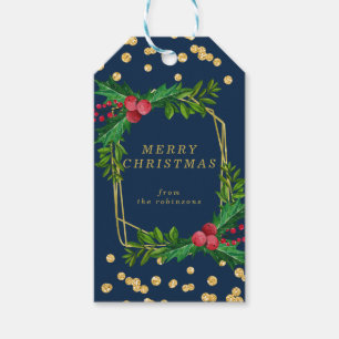 Gold Navy Family Merry Christmas Holly Glitter Gift Tags