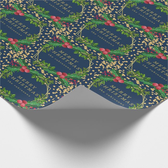 Gold Navy Family Merry Christmas Holly Glitter Wrapping Paper (Corner)