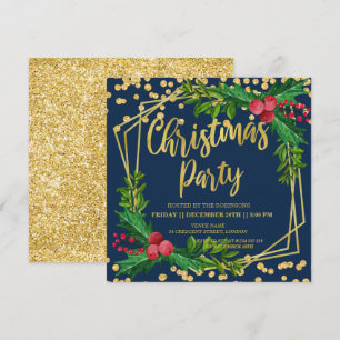 Gold Navy Festive Holly Glitter Christmas Invitation