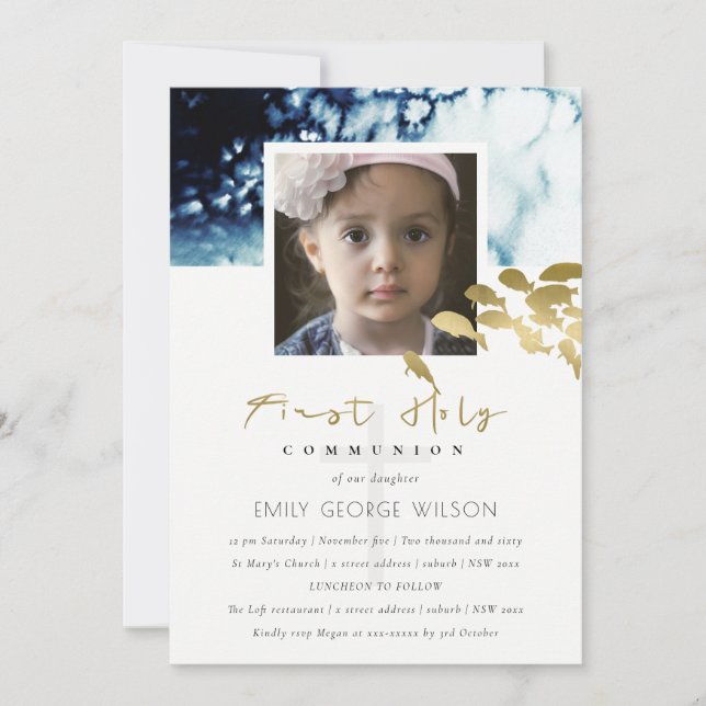 GOLD NAVY FISH PHOTO FIRST HOLY COMMUNION INVITE (Front)