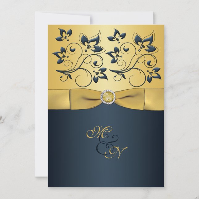 Gold, Navy Floral Monogram Wedding Invitation (Front)