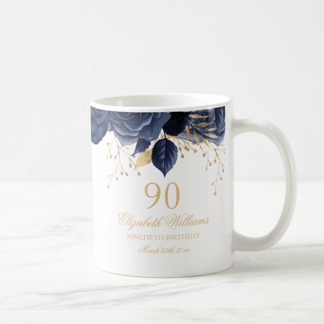 Gold Navy Floral Rose 90th Birthday Coffee Mug (Right)