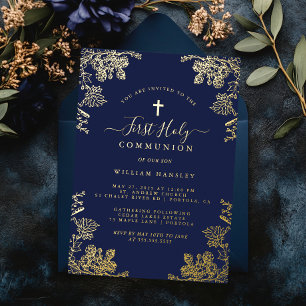 Gold Navy Floral Vintage Boys First Communion